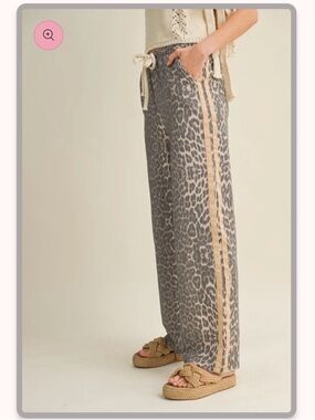 LovLov Leopard Print Wide Leg Lounge Pants with Tan Side Stripe